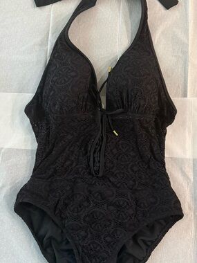 Black Lace Halter One-Piece Swimsuit - Women Swim